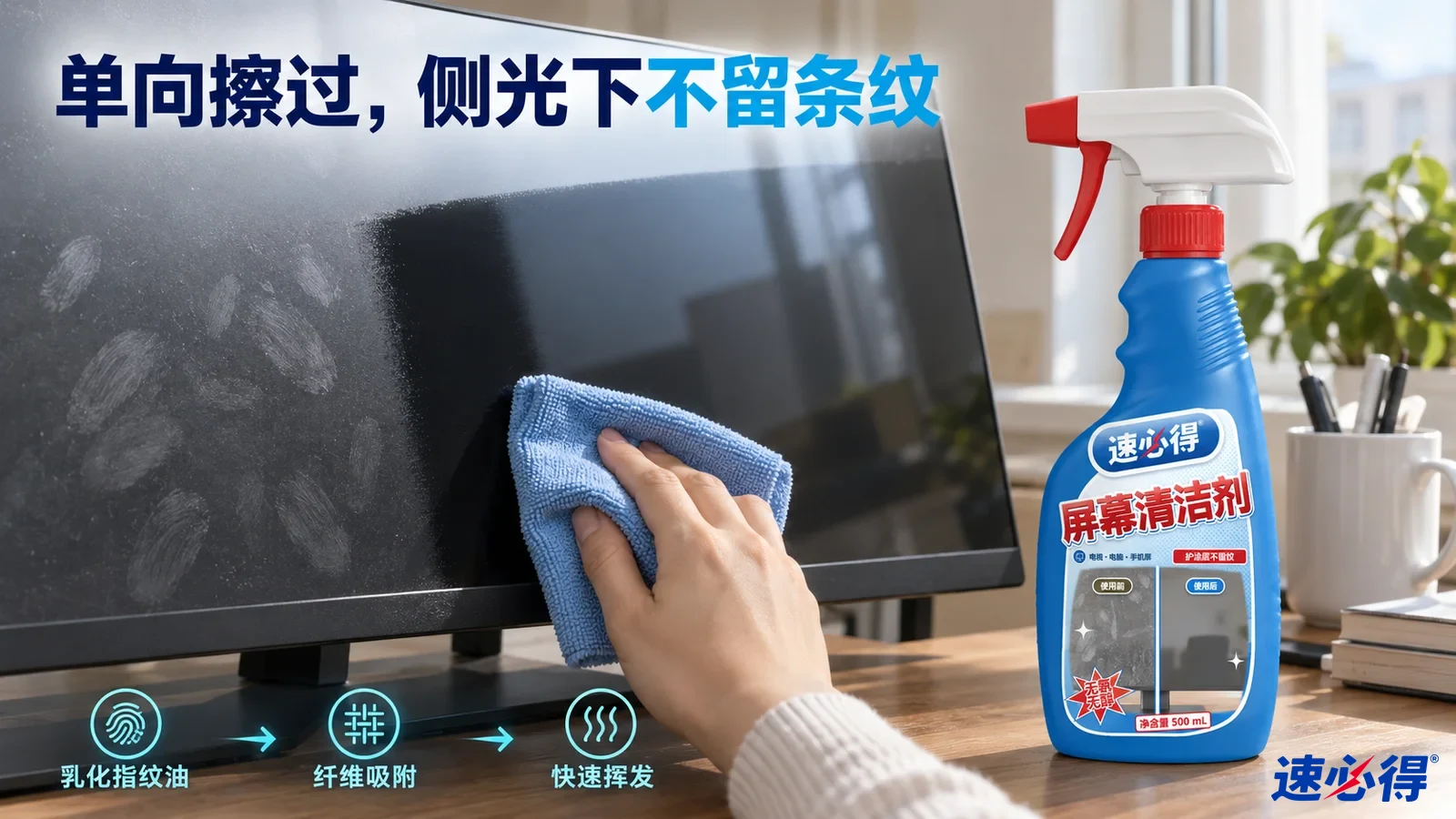 示意图：显示器上的指纹区域、蓝色清洁布和蓝色喷瓶。
