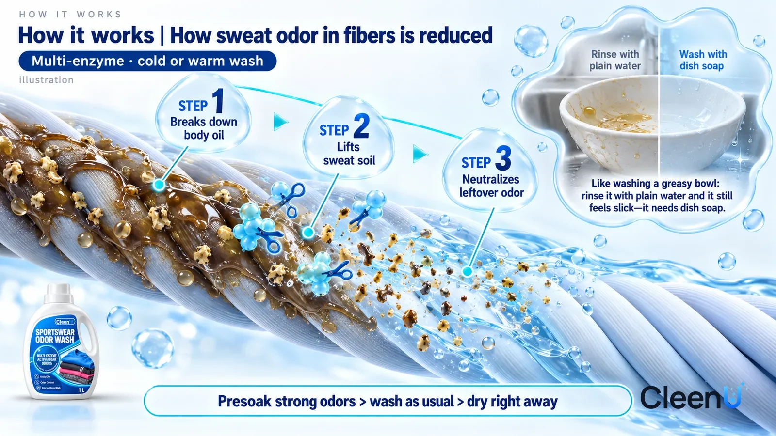 Illustration: CleenU Sportswear Odor Wash — an enormously magnified slice of polyester quick-dry fibers runs diagonally from upper left to lower right