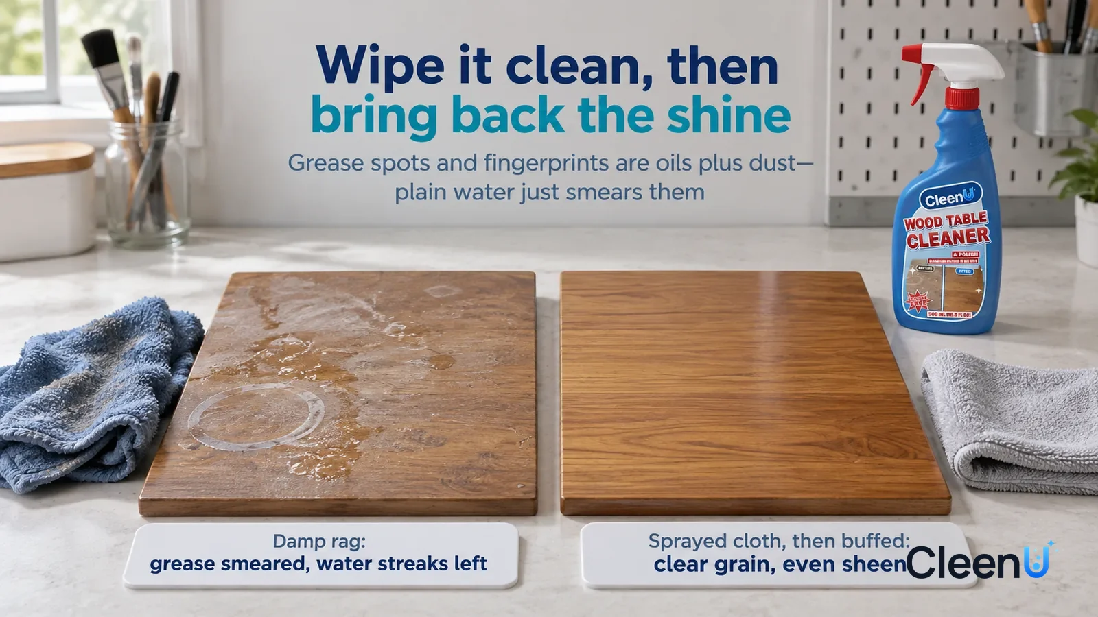 Illustration: CleenU Wood Table Cleaner & Polish — A landscape medium close-up of a small experiment in a cleaning lab: two identical sealed solid-wood tabletop panels side by side on a white Headline