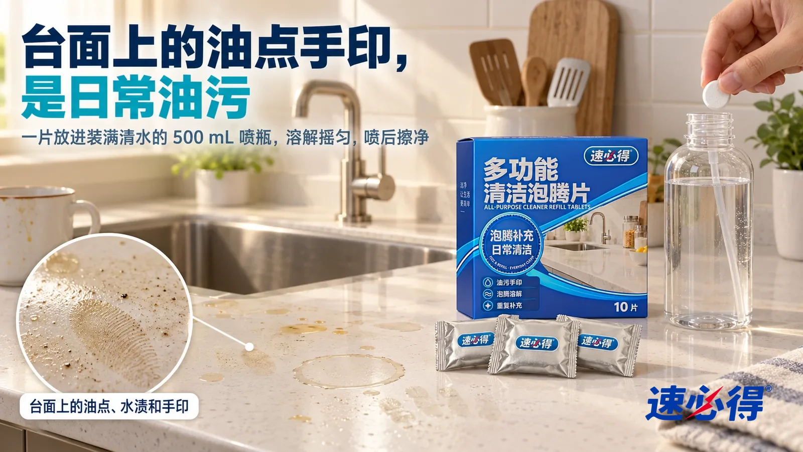 示意图:速必得多功能清洁泡腾片——一个家常厨房的白色人造石台面,侧光斜照下台面上几处淡黄油点、一圈杯底水渍和几枚手指印清楚可见,旁边一只水槽和龙头;产品纸盒站在台面靠墙处,标题“台面上的油点手印,是日常油污”