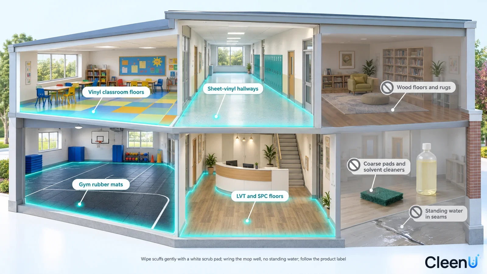 Illustration: Highlighted vinyl flooring in public and home interiors beside material precautions.