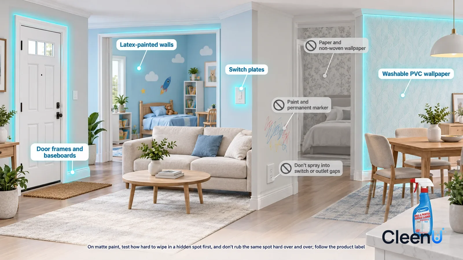 Illustration: CleenU Wall & Painted Surface Cleaner — A realistic 3D cutaway of a bright home's entryway, living room, kids' room, and dining area, one continuous space from one viewpoint