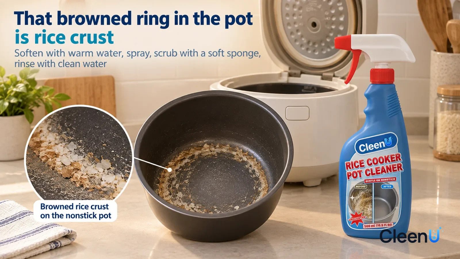 Illustration: CleenU Rice Cooker Pot Cleaner — An everyday kitchen counter, a home rice cooker (no brand marks) unplugged with its lid open Headline: "That browned ring in the pot is rice crust"