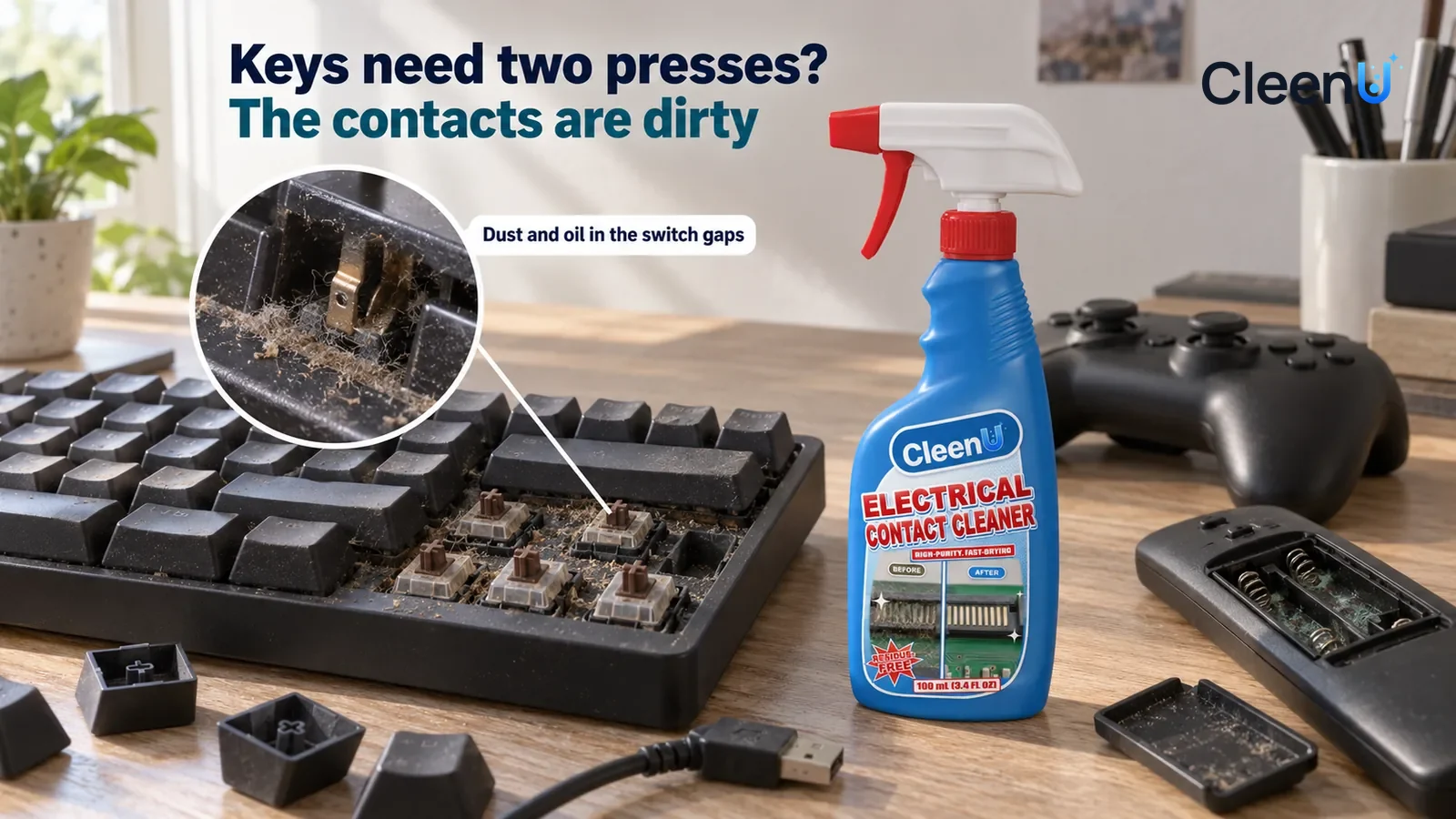Illustration: CleenU Electrical Contact Cleaner — a mechanical keyboard with no brand marks, its cable unplugged and a few keycaps removed and set aside