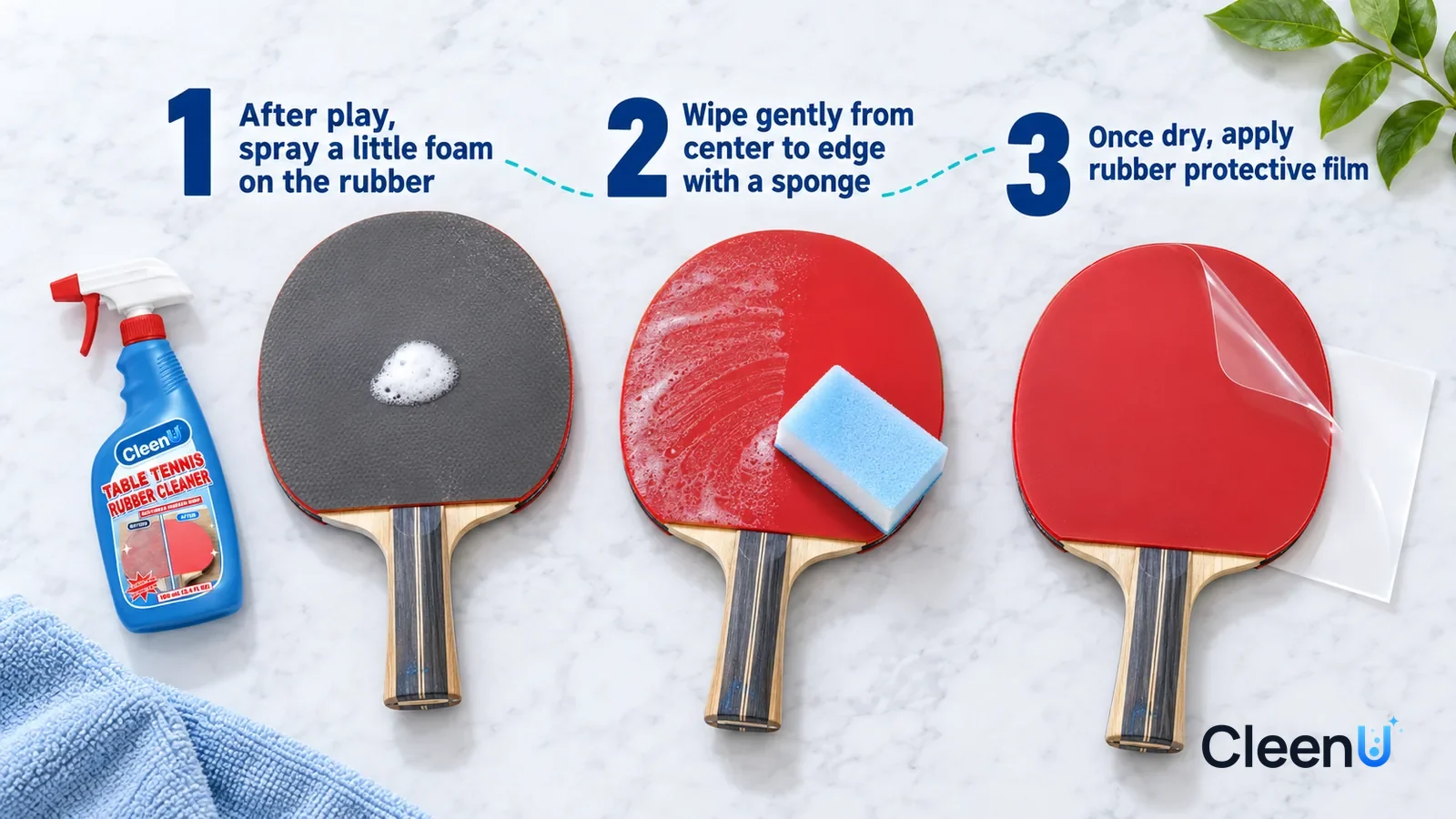 Illustration: CleenU Table Tennis Rubber Cleaner — an overhead shot straight down onto a light marble tabletop, no hands: (1) a red inverted-rubber paddle with greyish rubber lying flat