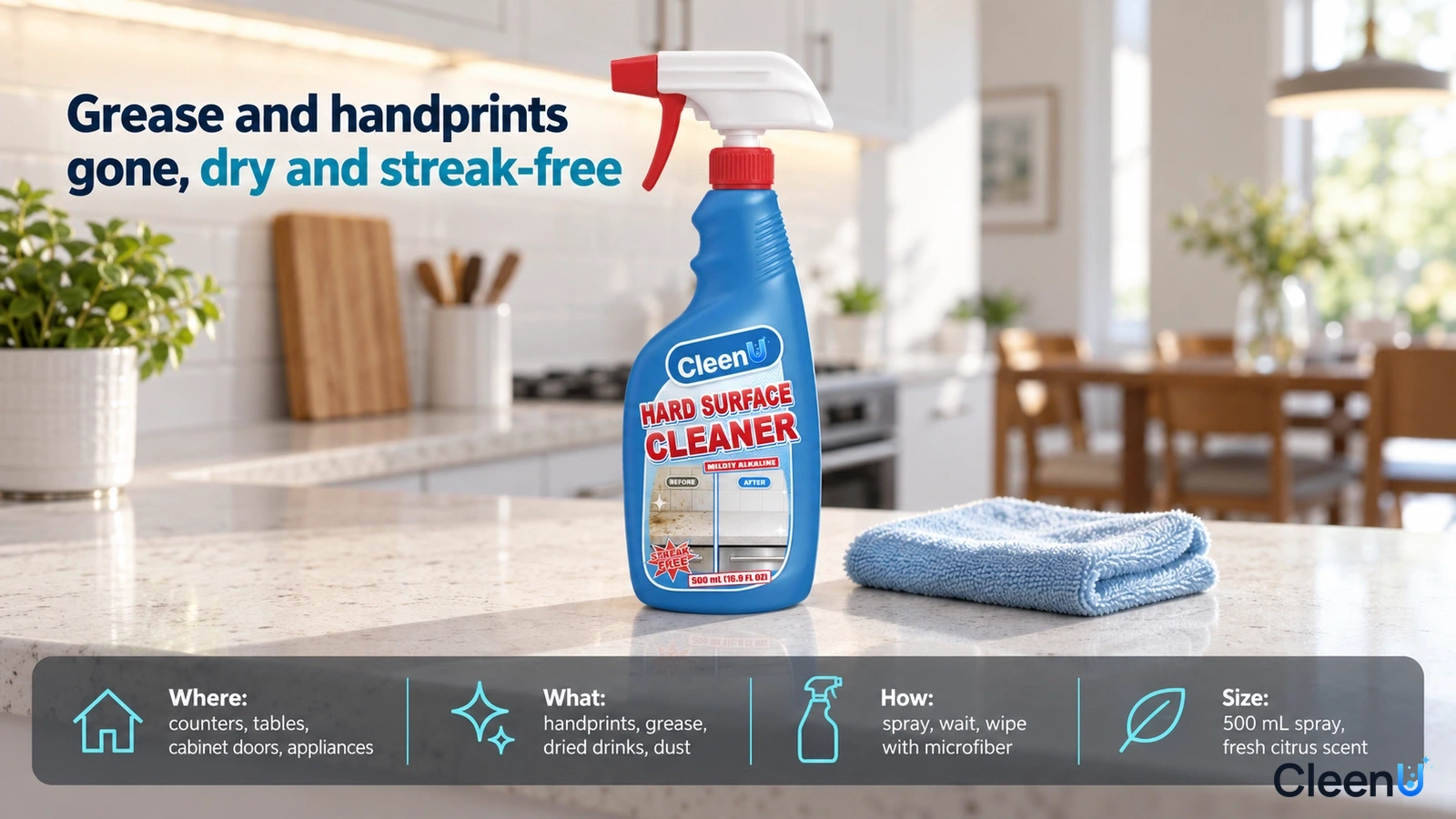 Illustration: A blue cleaner bottle and blue cloth on a light countertop in a bright kitchen.