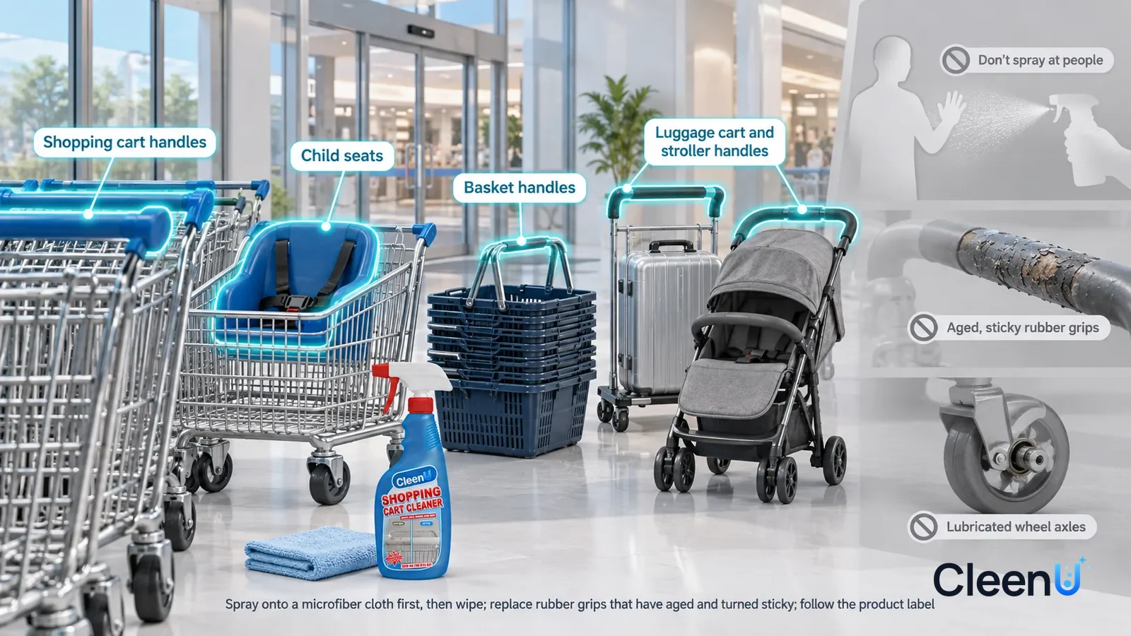 Illustration: CleenU Shopping Cart Cleaner — A realistic 3D cutaway of the ground floor of a commercial building with no sign text anywhere, one continuous space from one viewpoint