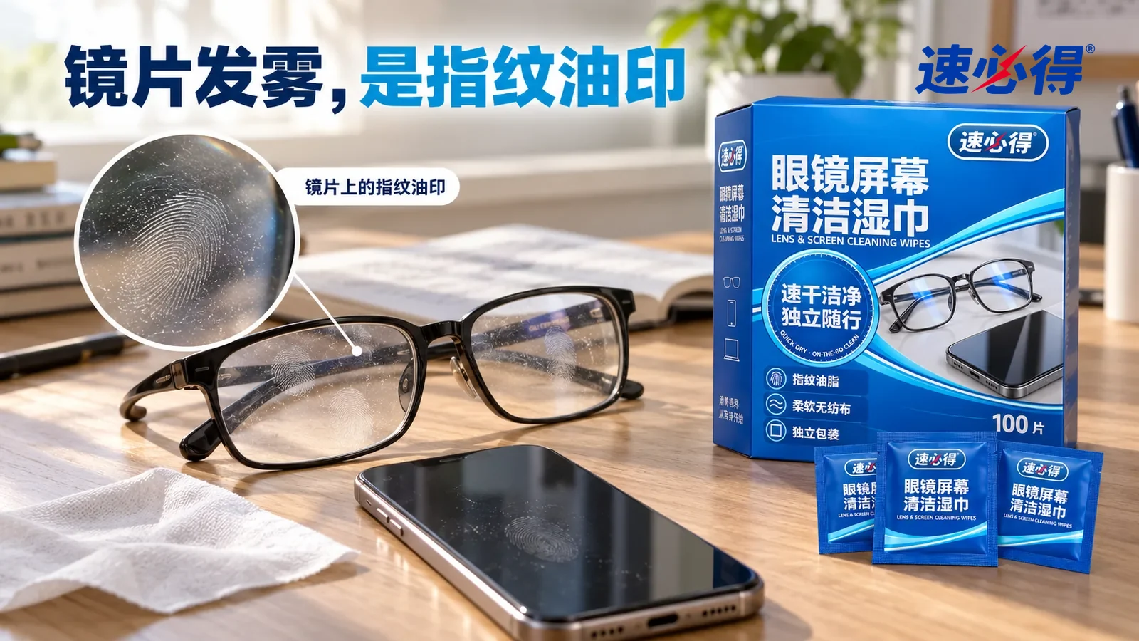 示意图：速必得眼镜屏幕清洁湿巾——一张家常书桌，窗光斜照下一副黑框眼镜（无品牌）摊放在桌上，镜片上几枚指纹和一片油印清楚可见
