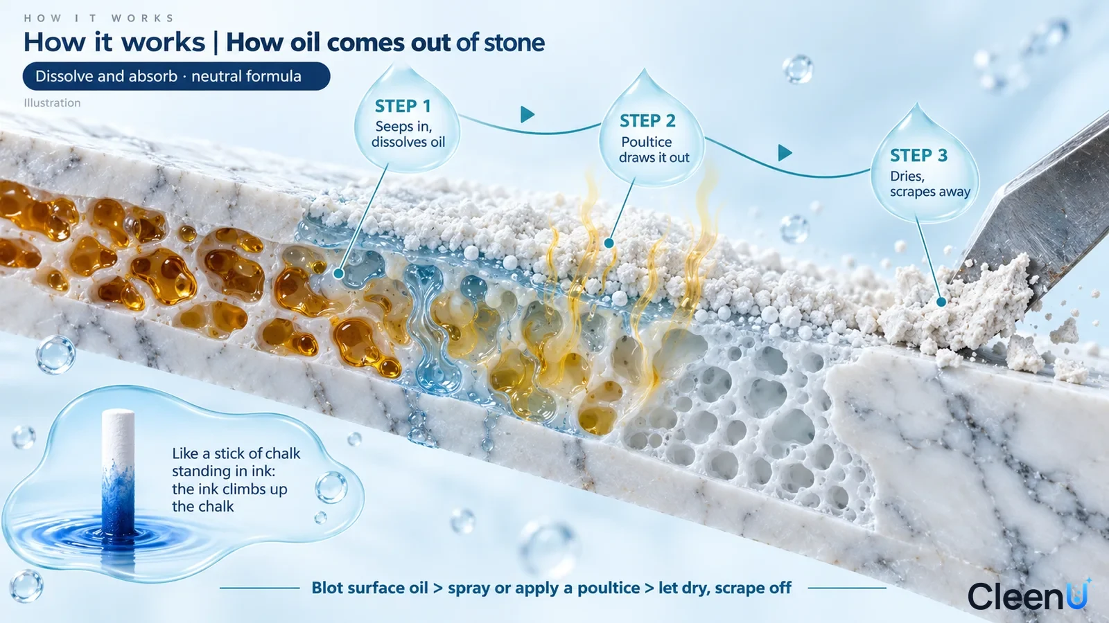Illustration: Brown oil drops, blue drops and white surface material in a porous-stone cross-section.