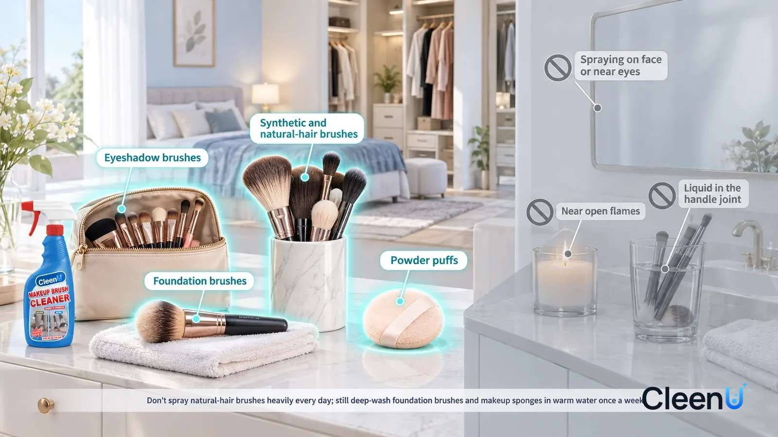 Illustration: CleenU Makeup Brush Cleaner — A realistic 3D cutaway of a bright home's bedroom, walk-in closet, and bathroom, one continuous space from one viewpoint