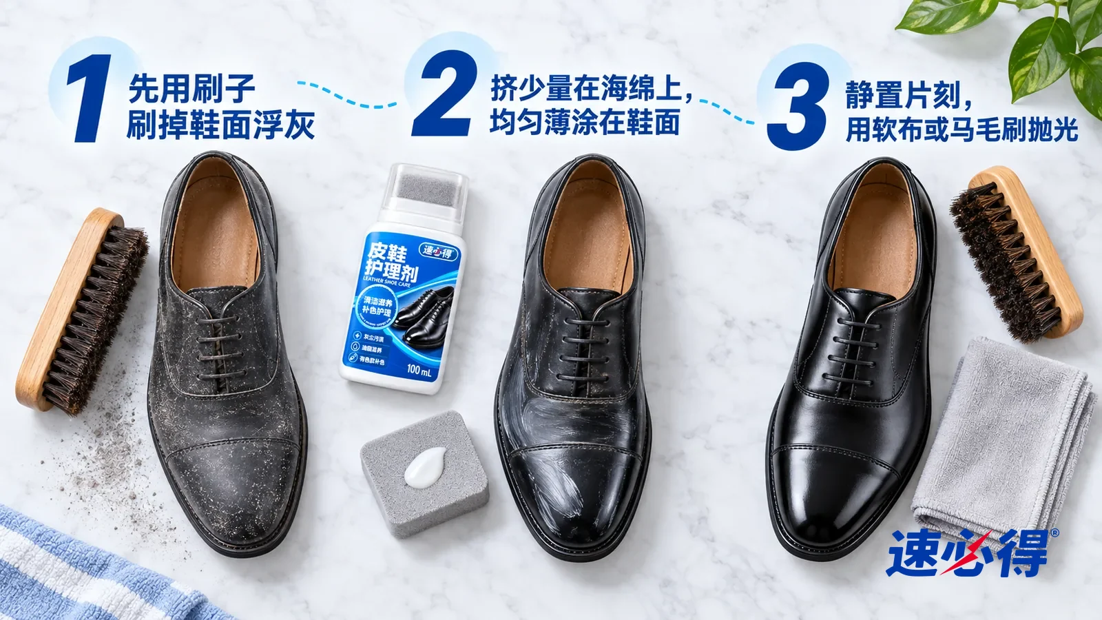 示意图：速必得皮鞋护理剂——① 一把马毛鞋刷和一只鞋面落着浮灰、发干发灰的黑色光面皮鞋；② 一块蘸着一点乳白色乳液的浅灰小海绵，旁边一只鞋面薄薄涂匀