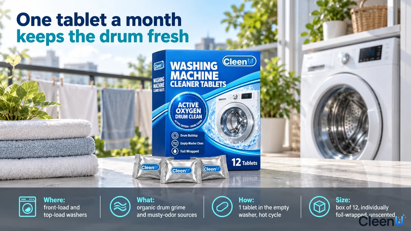 Illustration: A blue cleaner-tablet box and sachets beside a washing machine and stacked towels.