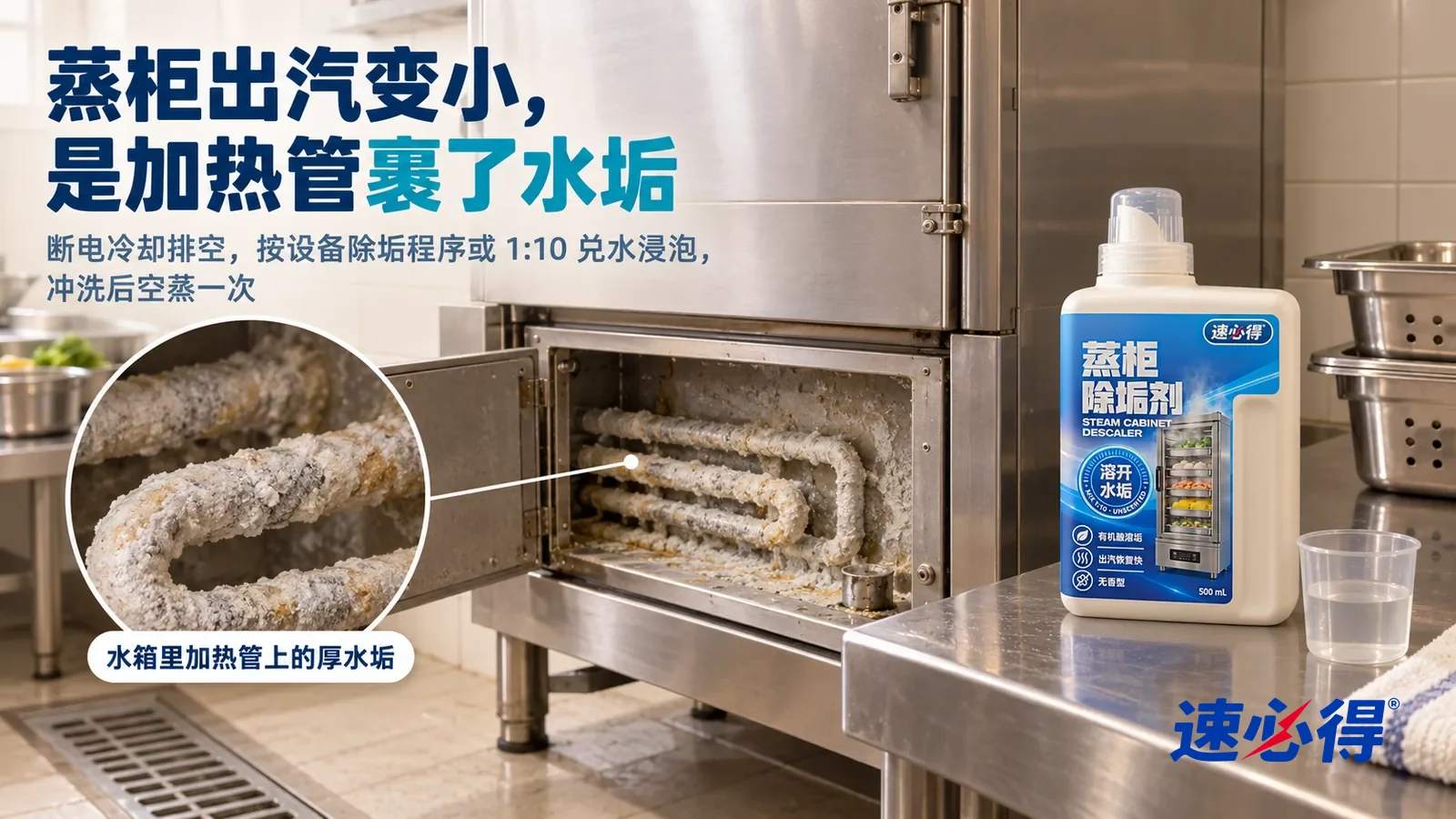 示意图：速必得蒸柜除垢剂——一个单位食堂的后厨，一台已经断电、冷却的不锈钢商用蒸饭柜（无品牌标志），底部水箱的检修盖板打开，标题“蒸柜出汽变小，是加热管裹了水垢”