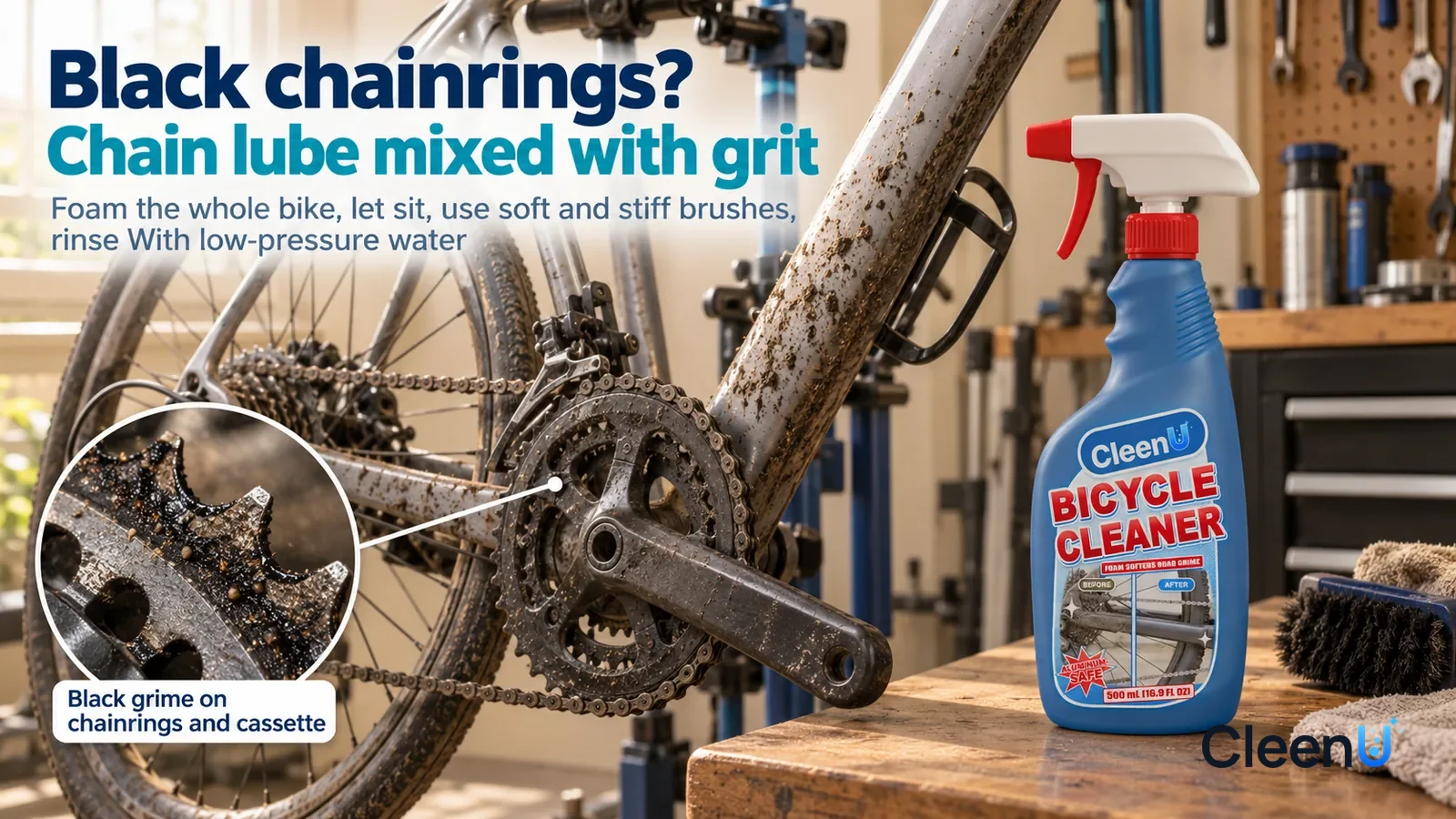 Illustration: CleenU Bicycle Cleaner — An everyday garage, an aluminum road bike (no brand marks) on a repair stand; in side window light the dried mud splatter on the down tube a Headline: "Black cha