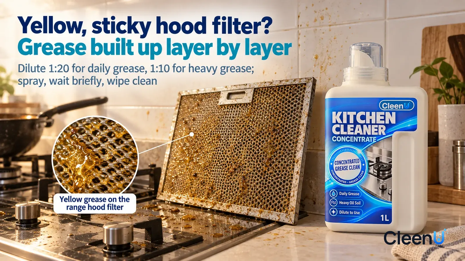 Illustration: CleenU Kitchen Cleaner Concentrate — An everyday kitchen, a range hood's metal grease filter removed and leaning against the edge of the stove; in raking light the yellowed Headline: "Ye
