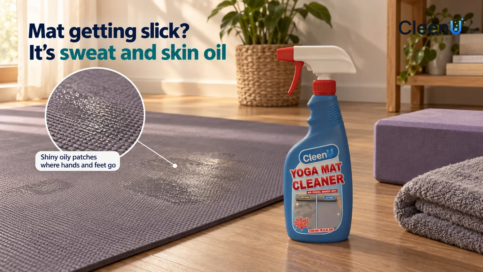 Illustration: CleenU Yoga Mat Cleaner — A practice spot in a corner of the living room at home, afternoon side light from a window across an unrolled grey-purple TPE yoga mat