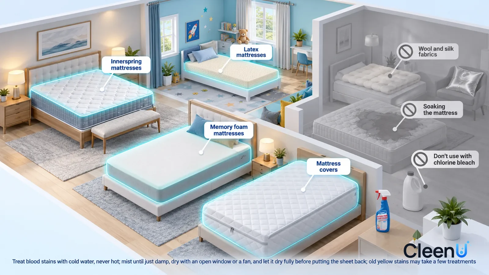 Illustration: CleenU Mattress Stain & Odor Cleaner — A realistic 3D cutaway of a bright home's primary bedroom, kids' room, and guest room, one continuous space from one viewpoint