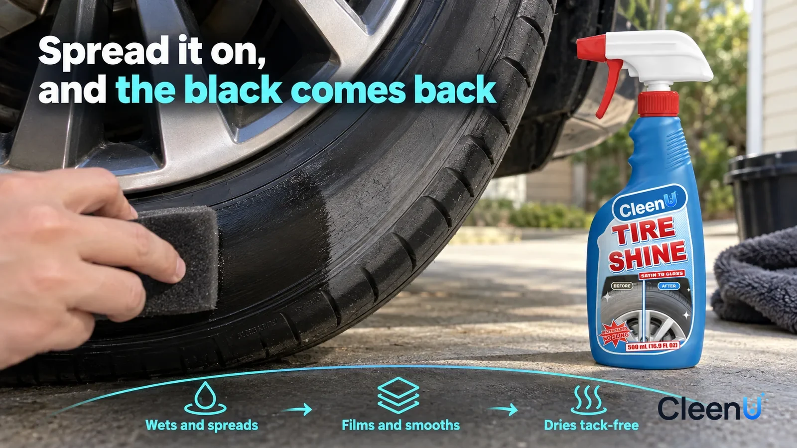 Illustration: CleenU Tire Shine — a black applicator sponge has just made one pass, the treated rubber deep black with a soft satin sheen
