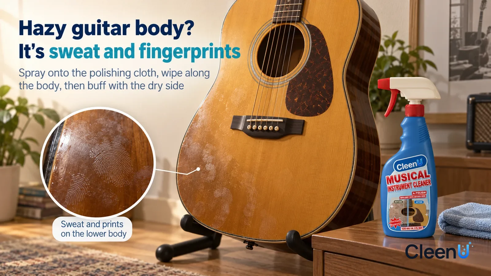 Illustration: CleenU Musical Instrument Cleaner & Polish — A corner of a home music room, a gloss-finish wooden guitar (no brand marks) standing on a guitar stand; in raking side light Headline: "Hazy