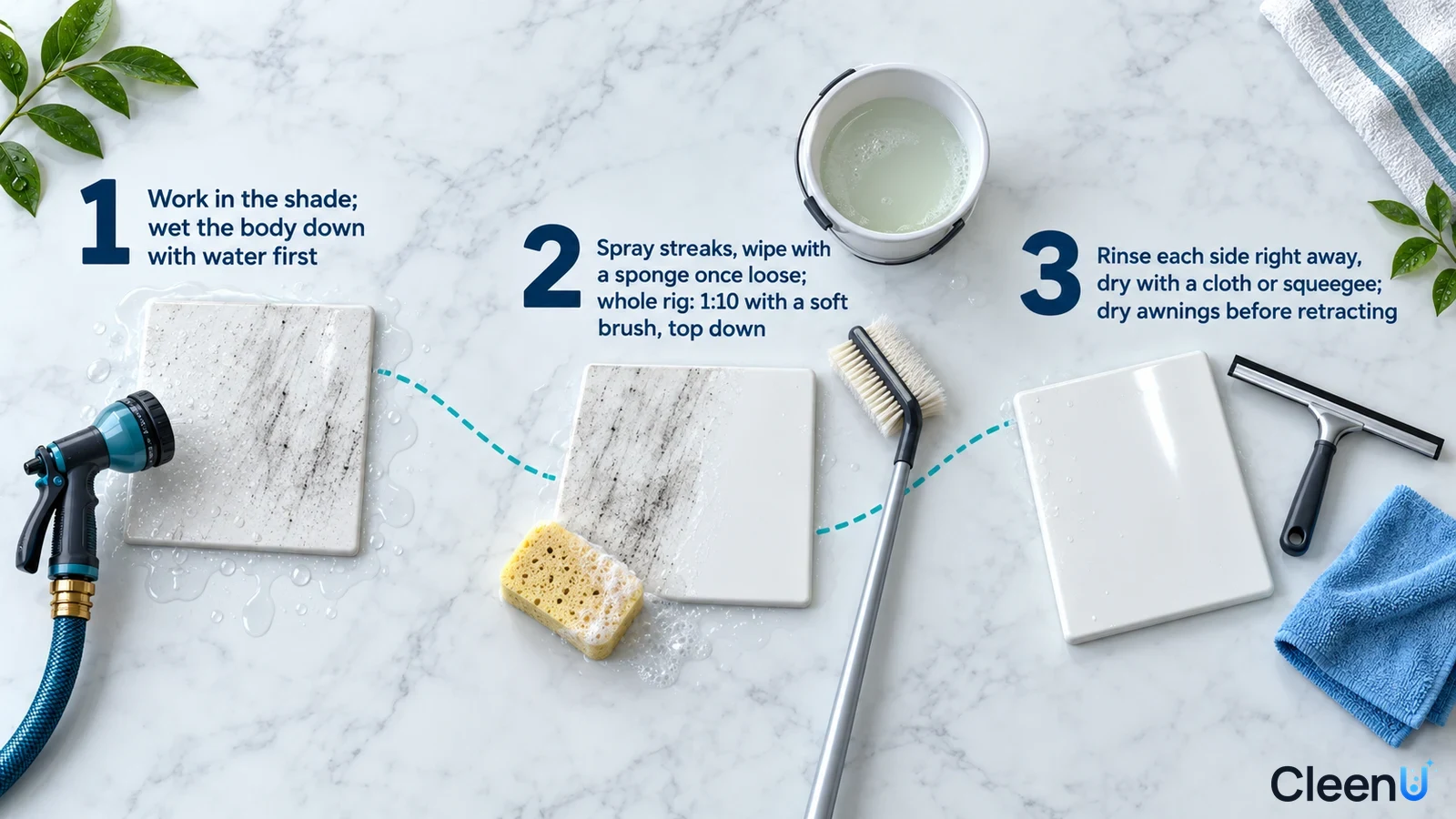 Illustration: A hose nozzle, streaked white panel samples, sponge, brush and squeegee with numbered steps.