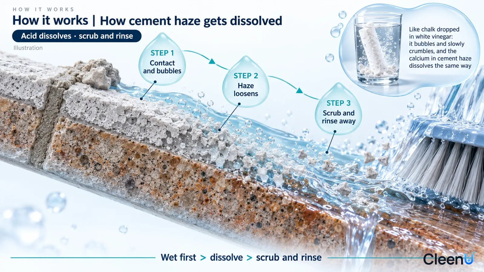 Illustration: Tile and cement haze cross-sections, drops, water flow and brush bristles.