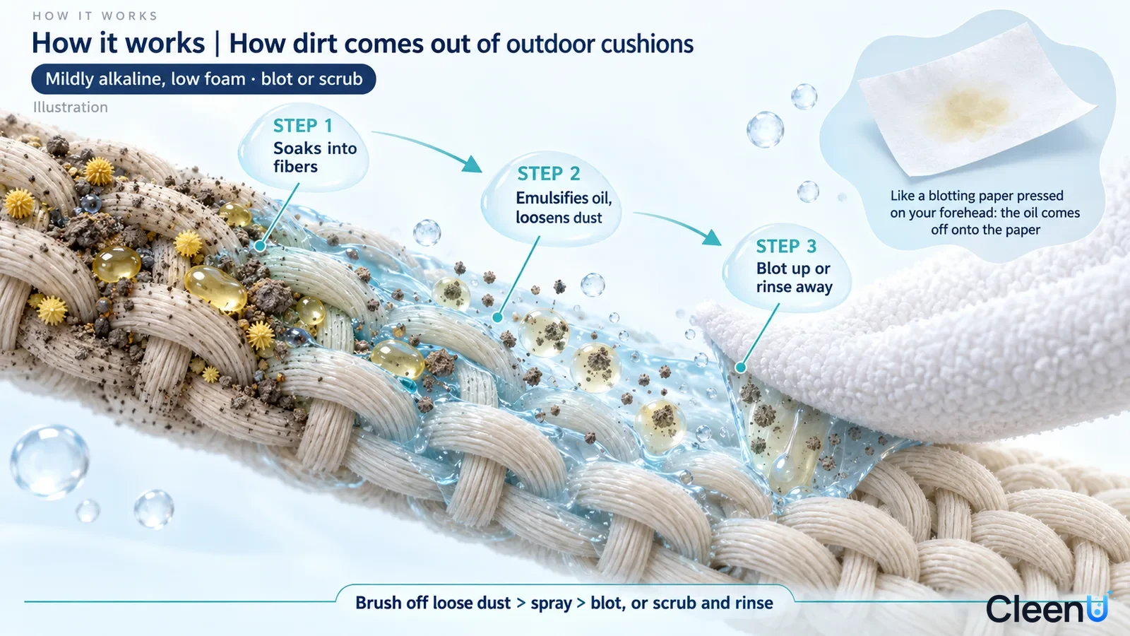 Illustration: A woven-fabric cross-section with gray particles, blue drops and a cloth.