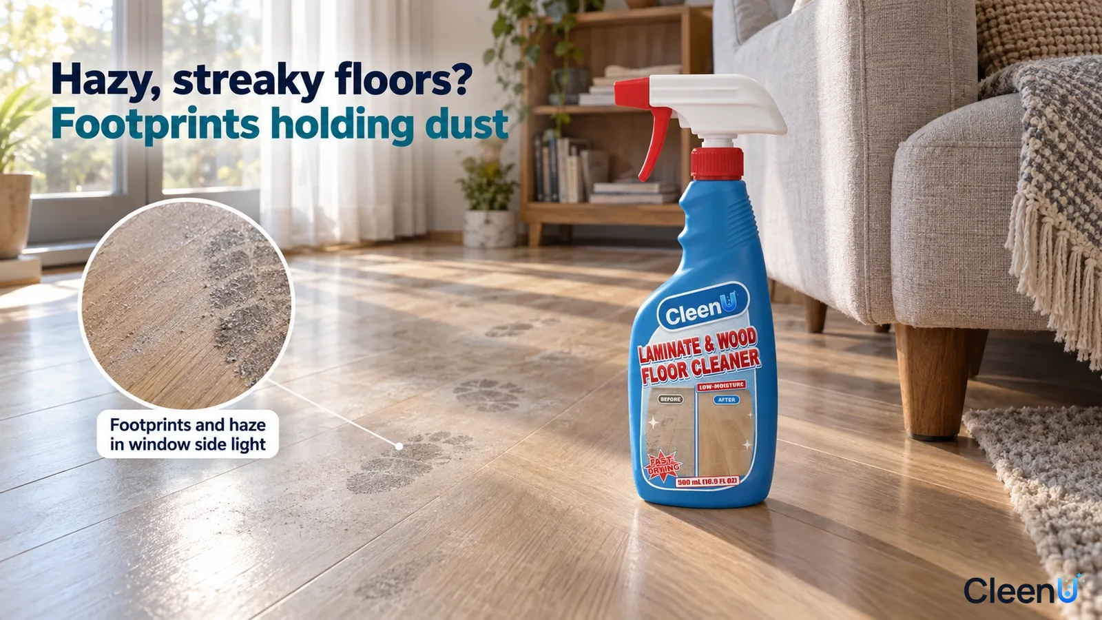 Illustration: Dusty footprints on a living-room wood-look floor beside a blue cleaner bottle.