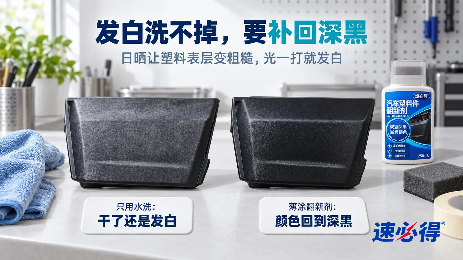示意图：速必得汽车塑料件翻新剂——清洁实验室里一个小实验的横向中近景，白色测试台上并排放着两块同样的黑色汽车外饰塑料样板，都晒得发白发灰，标题“发白洗不掉，要补回深黑”