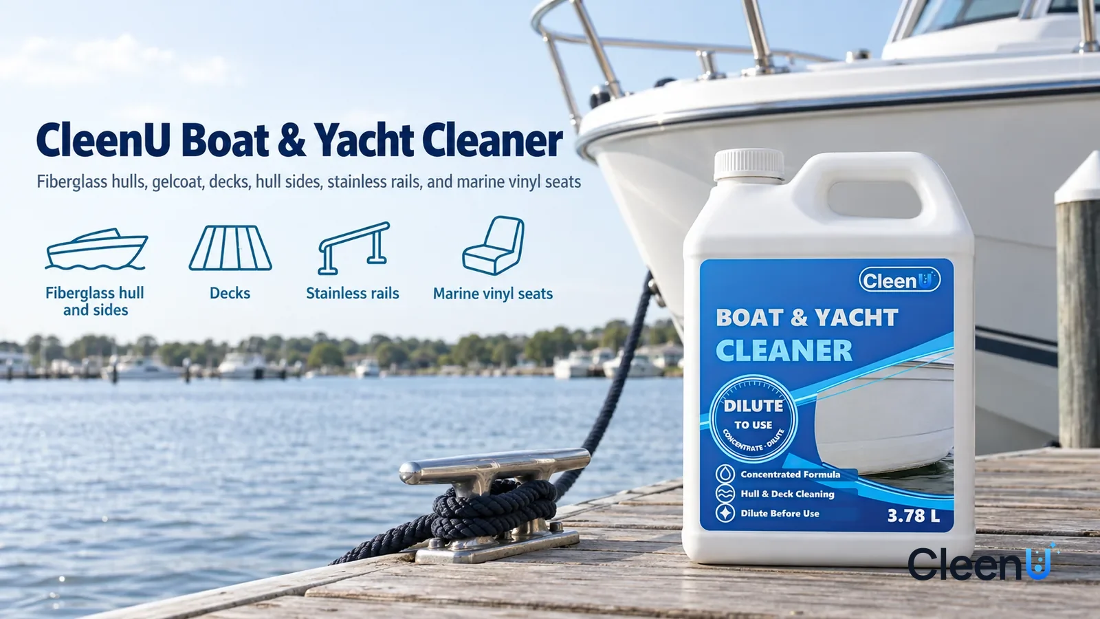 Illustration: CleenU Boat & Marine Cleaner — A bright, calm harbor, a clean white small boat (no name, hull number, or brand marks) at a floating dock