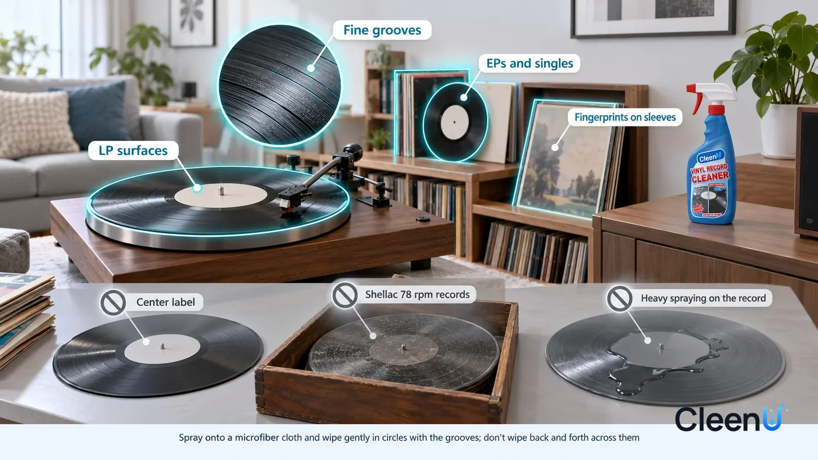 Illustration: CleenU Vinyl Record Cleaner — A realistic 3D cutaway of a bright home's living room and study, one continuous space from one viewpoint: the LP surface on the turntable
