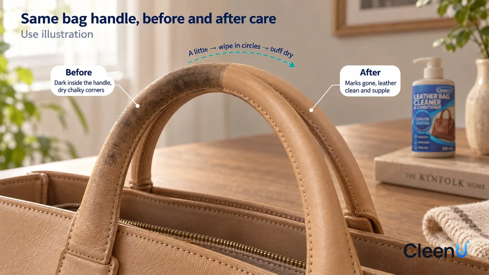 Illustration: CleenU Leather Bag Cleaner & Conditioner — A full-screen low-angle close-up of a light tan smooth-leather tote's handles and opening (no brand marks or engraved hardware)