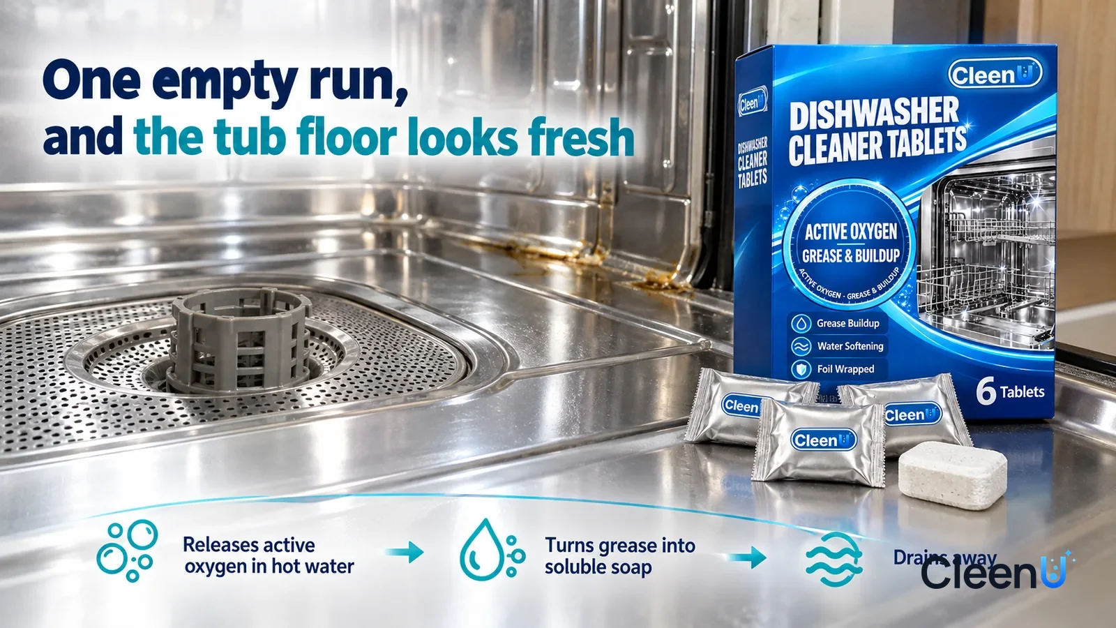 Illustration: CleenU Dishwasher Cleaner Tablets — water has just rushed through, the stainless-steel tub bright and the filter's mesh holes clear