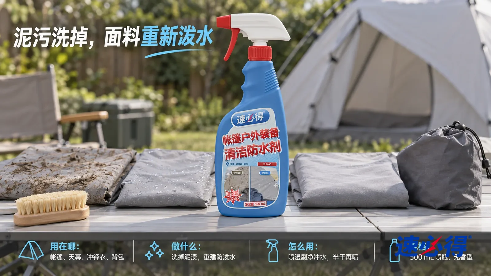 示意图：速必得帐篷户外装备清洁防水剂——同一后院养护区、浅灰双人帐篷、折叠露营桌和软毛刷；各布样使用同一材质织纹