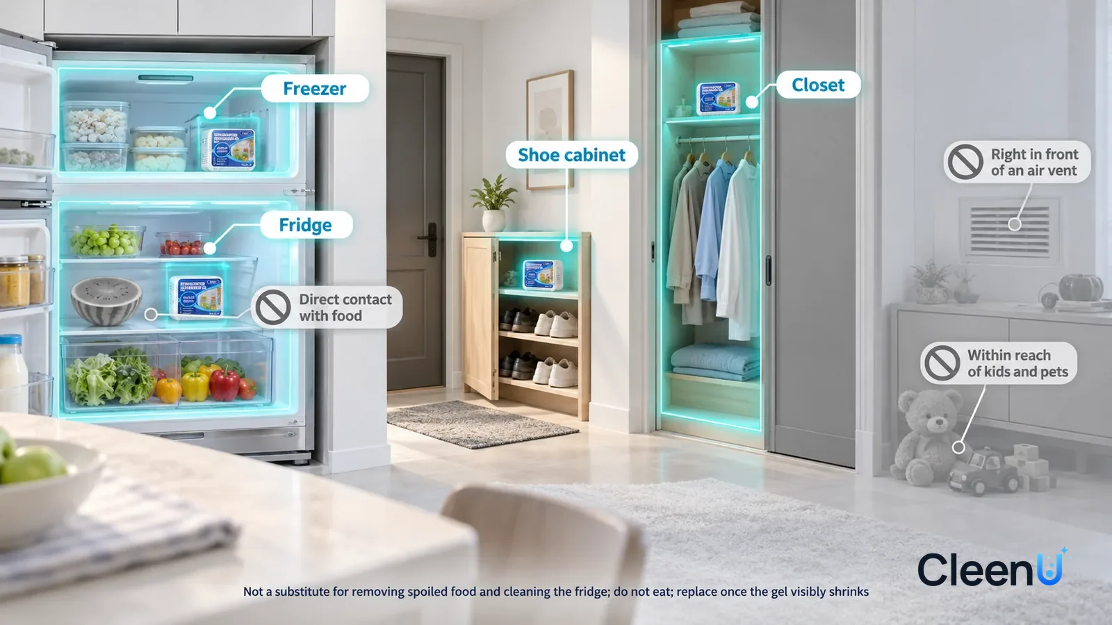Illustration: CleenU Refrigerator Deodorizer Gel — A realistic 3D cutaway of a bright home's kitchen, entryway, and bedroom