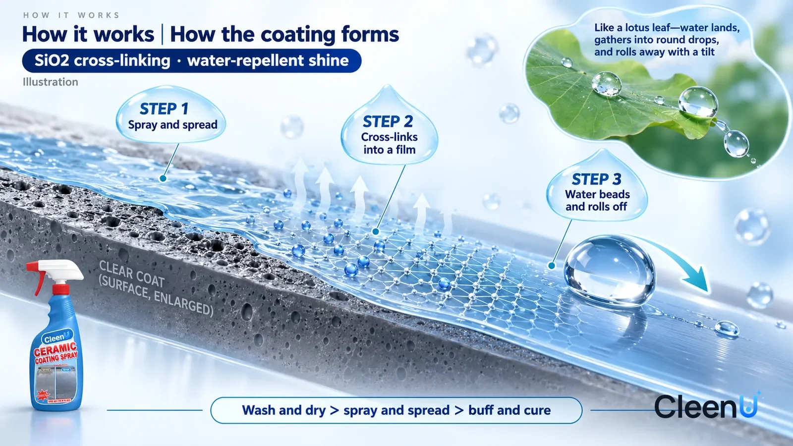 Illustration: CleenU Ceramic Coating Spray — an enormously magnified cross-section of a dark grey clear coat runs diagonally from upper left to lower right; on the left the clear coat s
