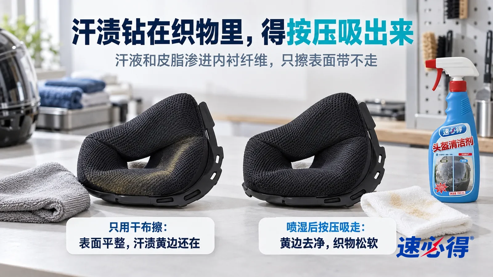 示意图：速必得头盔清洁剂——白色测试台上并排放着两只同样的黑色网眼头盔颊垫，边缘都有一样的汗渍黄边，标题“汗渍钻在织物里，得按压吸出来”