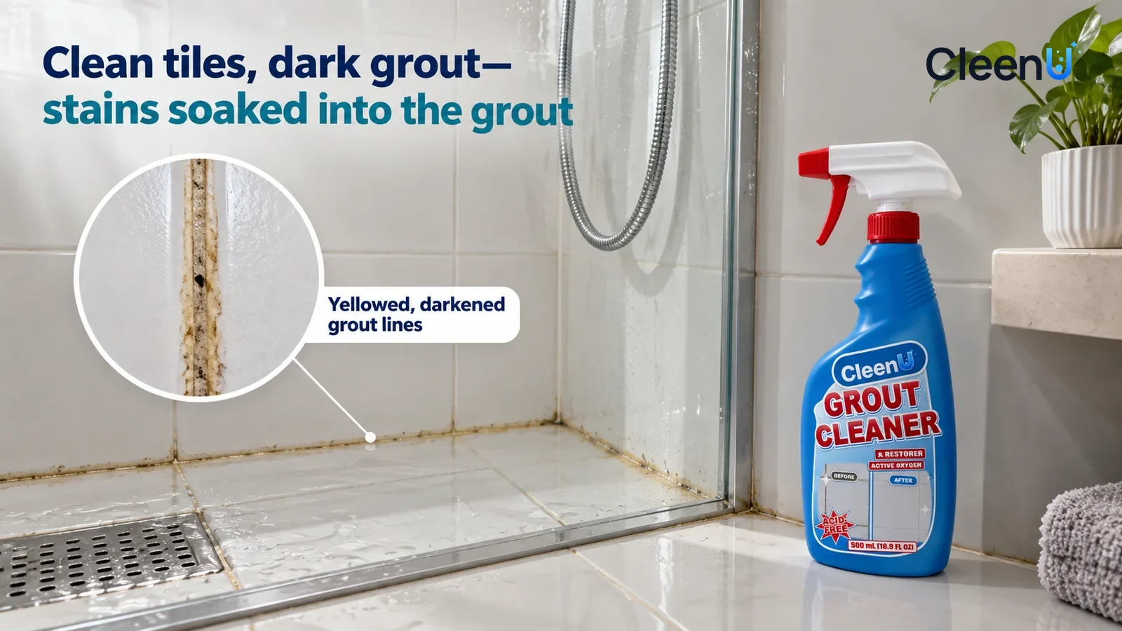 Illustration: CleenU Grout Cleaner & Restorer — The shower area of an everyday bathroom, white grout between white glazed floor and wall tiles; in raking light the tiles are already wiped