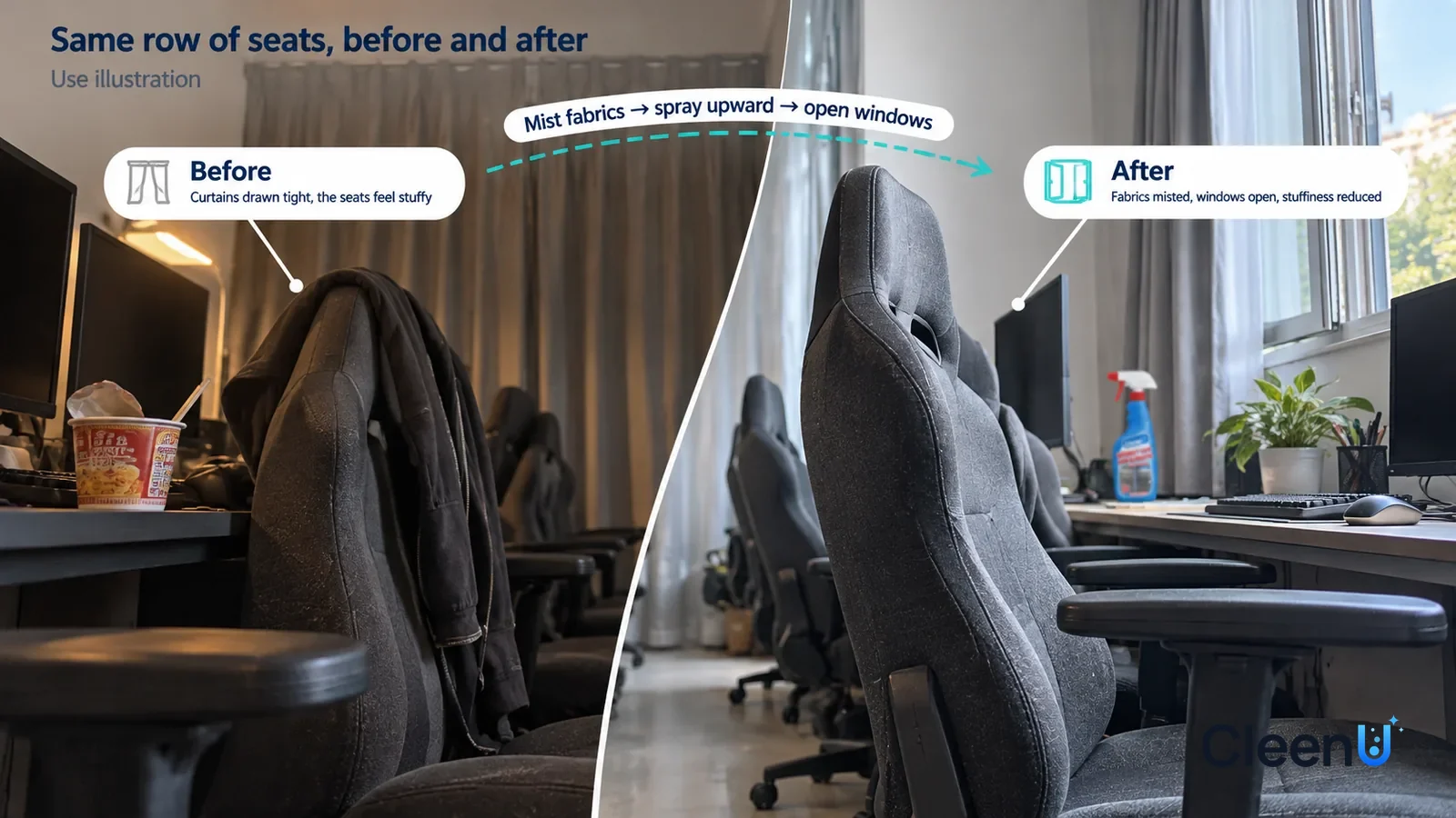 Illustration: CleenU Internet Cafe Odor Eliminator — A full-screen low-angle close-up of a row of dark grey fabric gaming seats from the same viewpoint, no bottle