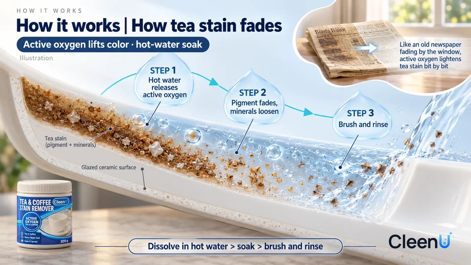 Illustration: CleenU Tea & Coffee Stain Remover — an enormously magnified slice of a white porcelain mug's glazed inner wall runs diagonally from upper left to lower right; on the left a lay