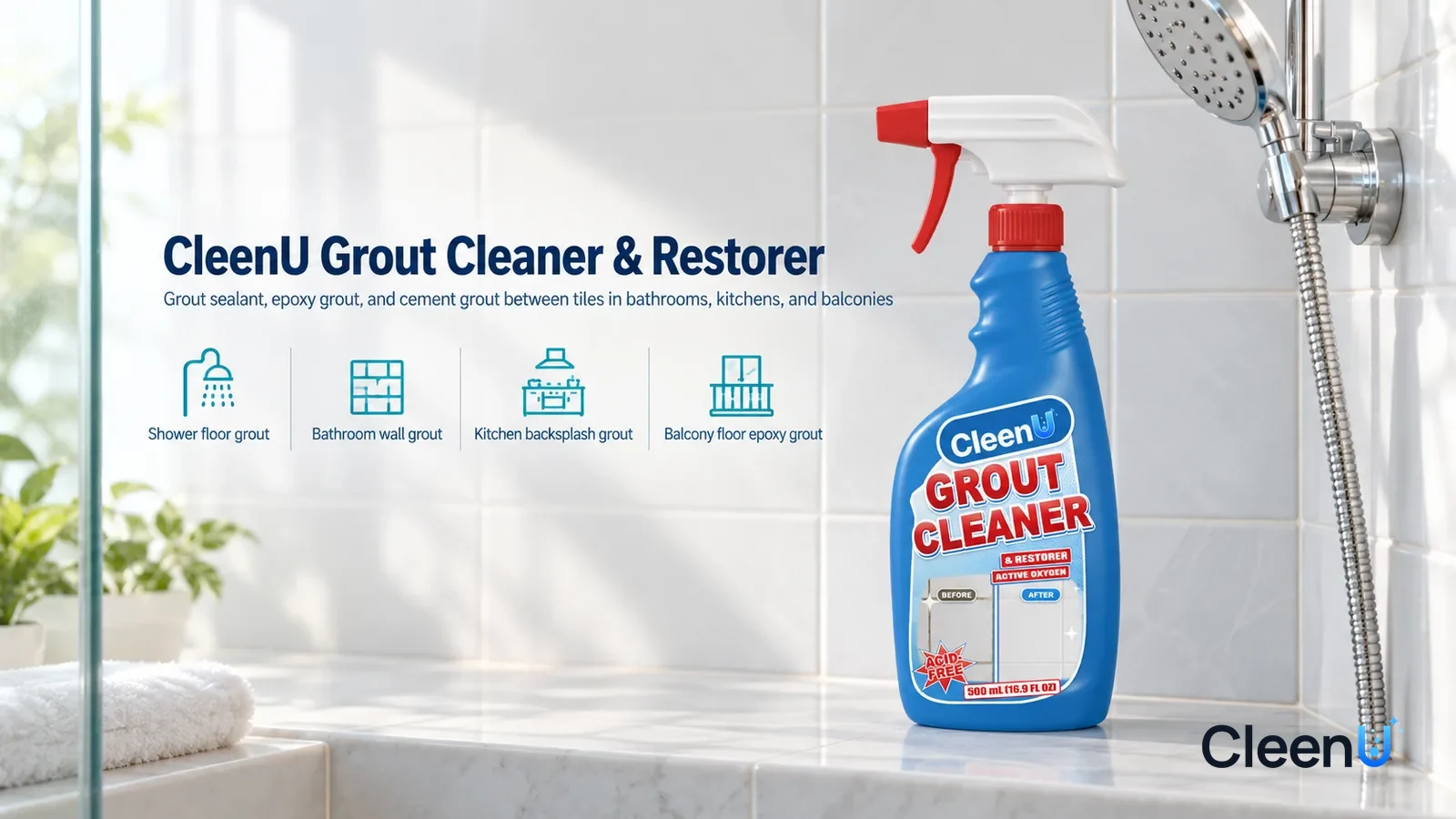Illustration: CleenU Grout Cleaner & Restorer — A bright, clean bathroom shower area, light grout lines between white wall and floor tiles neat and clean with a soft sheen