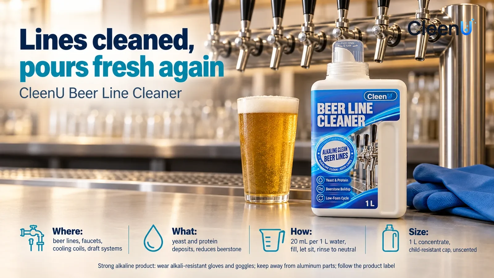 Illustration: CleenU Beer Line Cleaner, clear cap on, stands in the right third of the frame on the stainless-steel work counter behind the bar Headline: "Lines cleaned, pours fresh again"