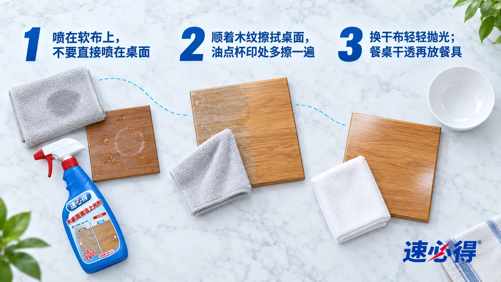 示意图:速必得木桌面清洁上光剂——① 一块叠好的浅灰软布,布面中间一小片微微湿润的颜色变深处,旁边一小块带杯印的封漆木样板;② 一块封漆实木样板