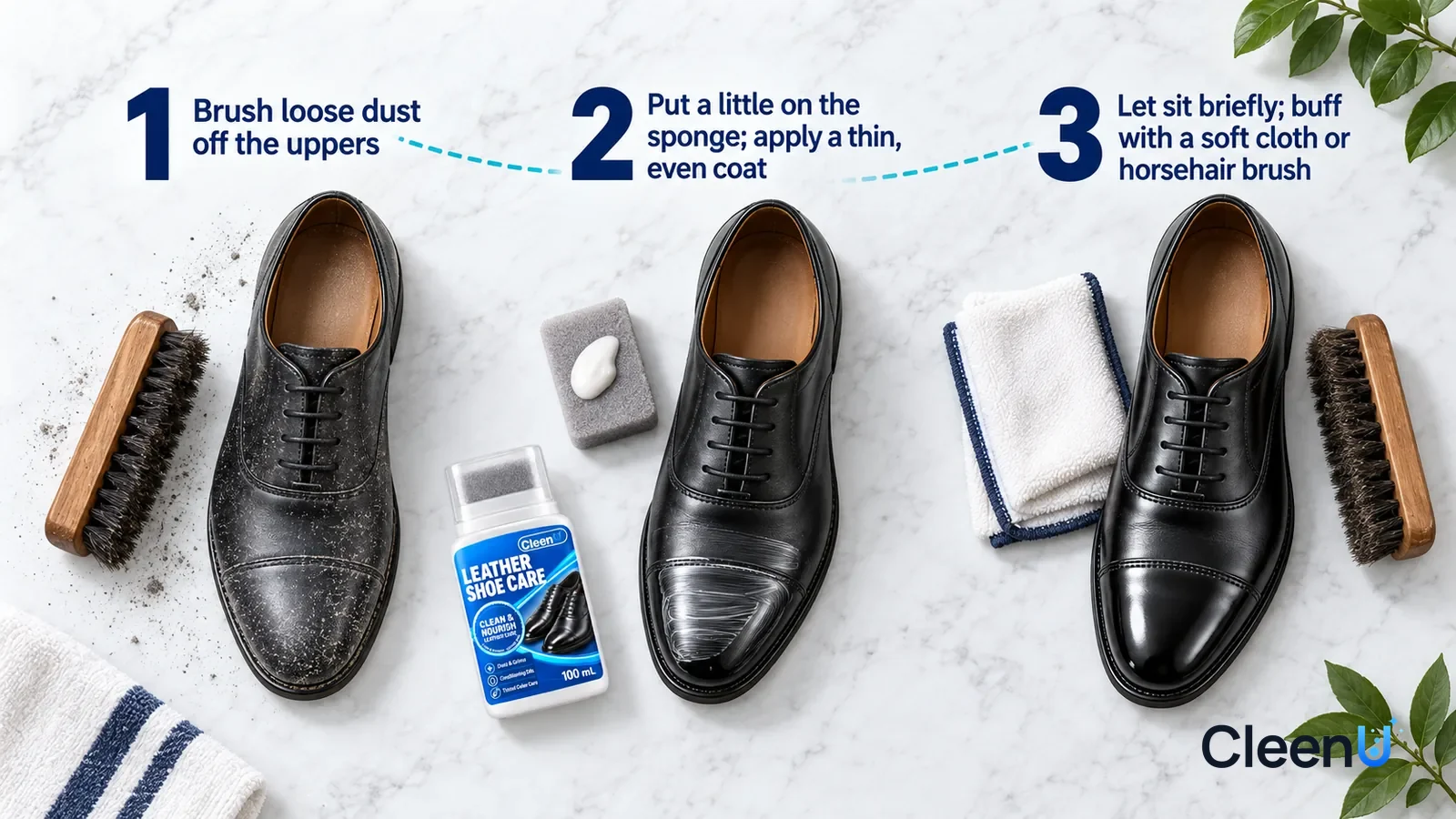 Illustration: CleenU Leather Shoe Care — an overhead shot straight down onto a light marble tabletop, no hands: (1) a horsehair shoe brush and a black polished leather shoe with loo
