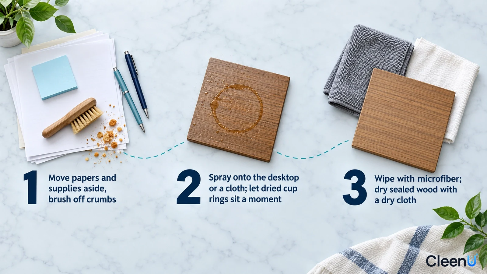 Illustration: Wood samples, stationery, a hand brush, crumbs and a gray cloth with numbered steps.
