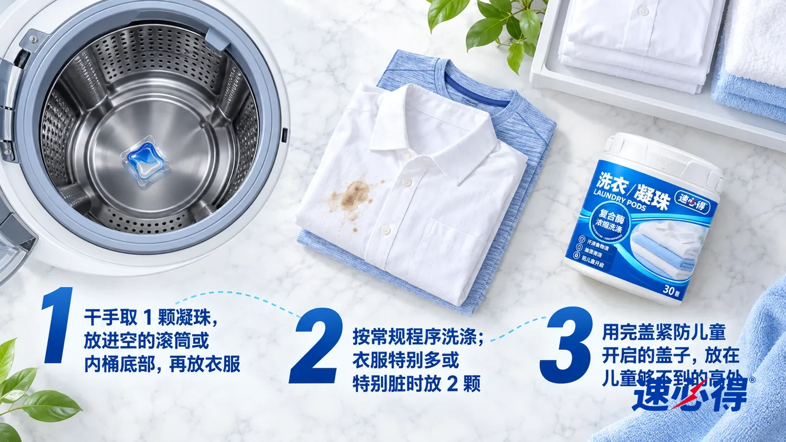 示意图:速必得洗衣凝珠——正上方俯拍的浅色大理石台面,不出现瓶子和手:① 一只敞开的空滚筒,桶底躺着一颗半透明枕形凝珠;② 一叠准备放进滚筒的衣物:带咖啡渍的白衬衫和