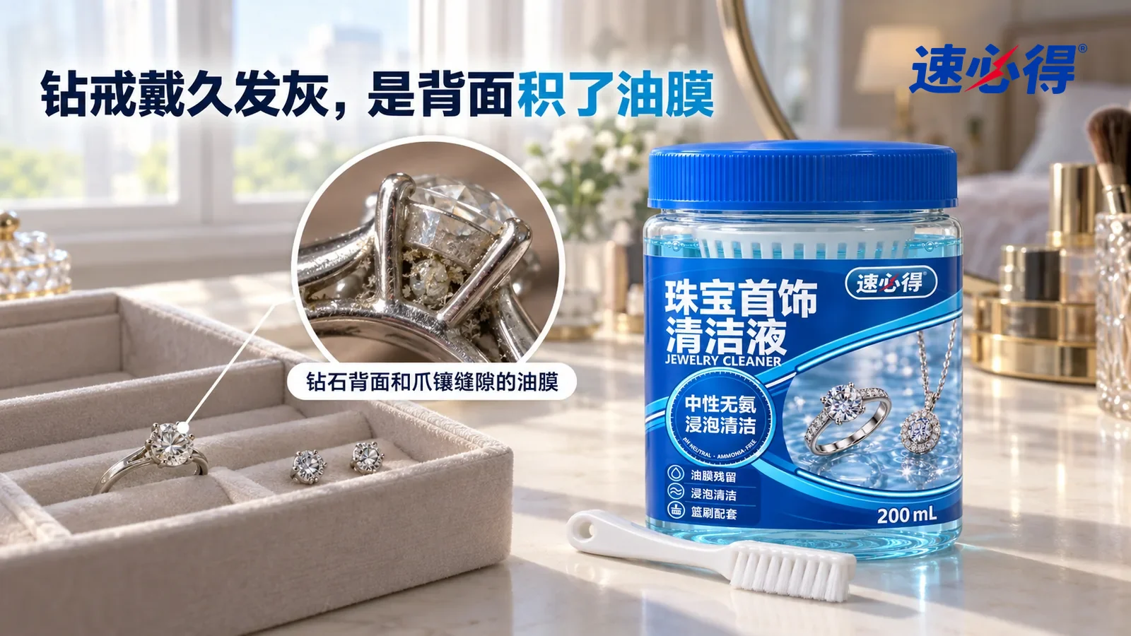 示意图：速必得珠宝首饰清洁液——一个家常卧室梳妆台，一只打开的素色首饰托盘里放着一枚铂金钻戒和一对耳钉（都是无品牌的简单款），窗光侧照下钻戒的钻石发灰