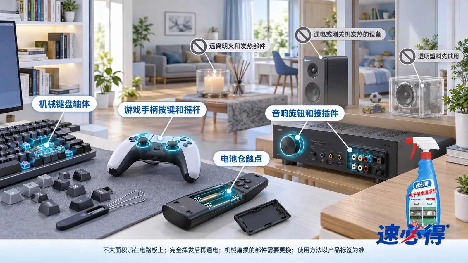 示意图:速必得电子触点清洁剂——一张写实 3D 剖面实景图,一套明亮的家的书房、客厅和儿童房区域,连续空间、一个视角,不出现瓶子:取下键帽的机械键盘、游戏手柄