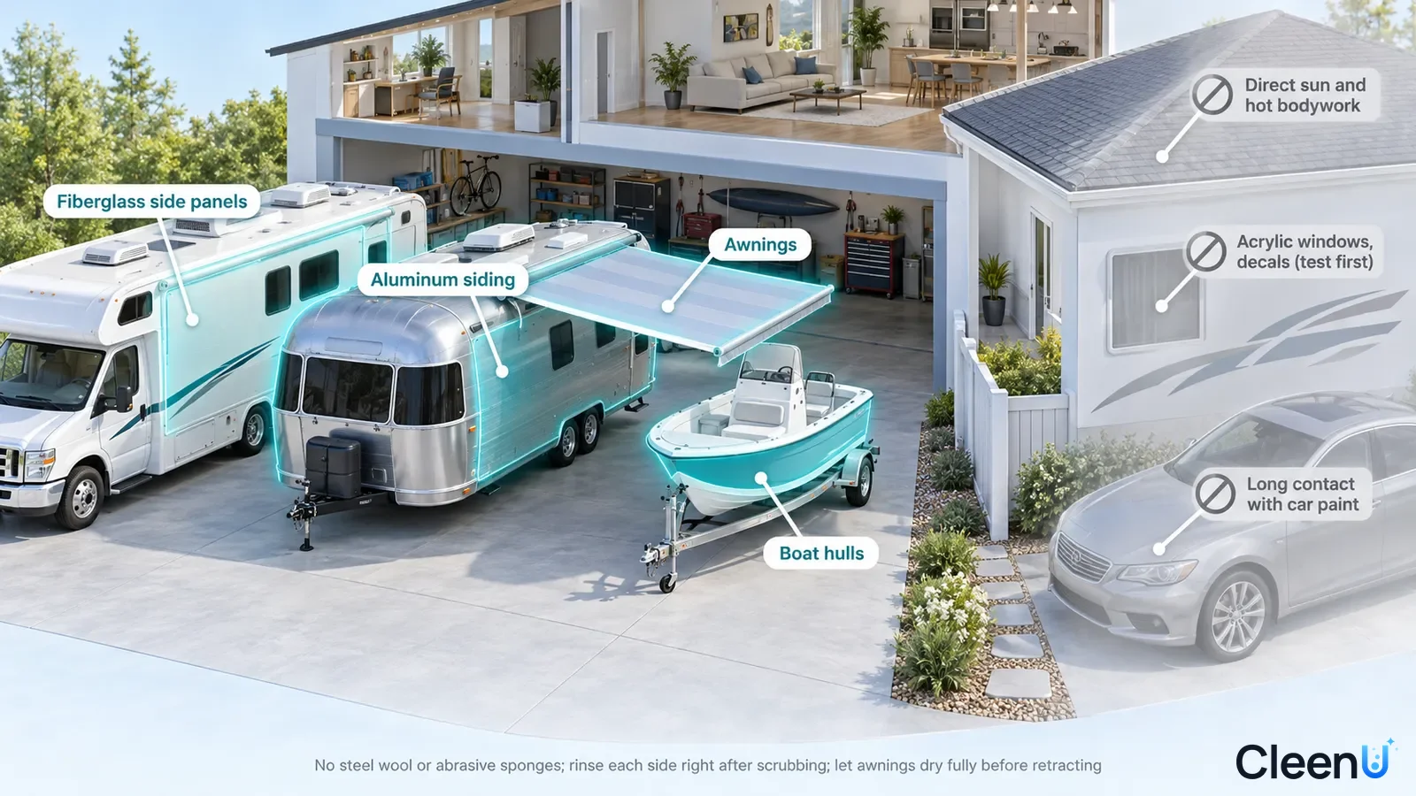 Illustration: Highlighted RV siding, awning and exterior areas beside material precautions.