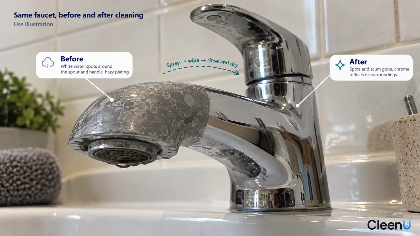 Illustration: Water spots and a clearer chrome faucet area; not a measured cleaning test.
