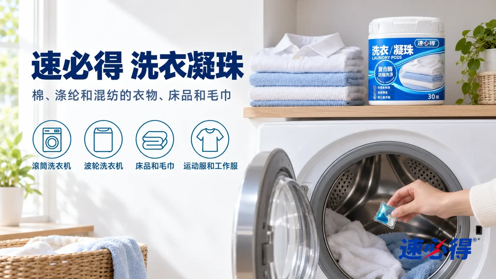 示意图:速必得洗衣凝珠——一个明亮整洁的家用洗衣间,一台滚筒洗衣机(无品牌标志),上方置物架上一叠洗净叠好的白衬衫和浅蓝色毛巾,产品合好盖子站在右侧置物架上